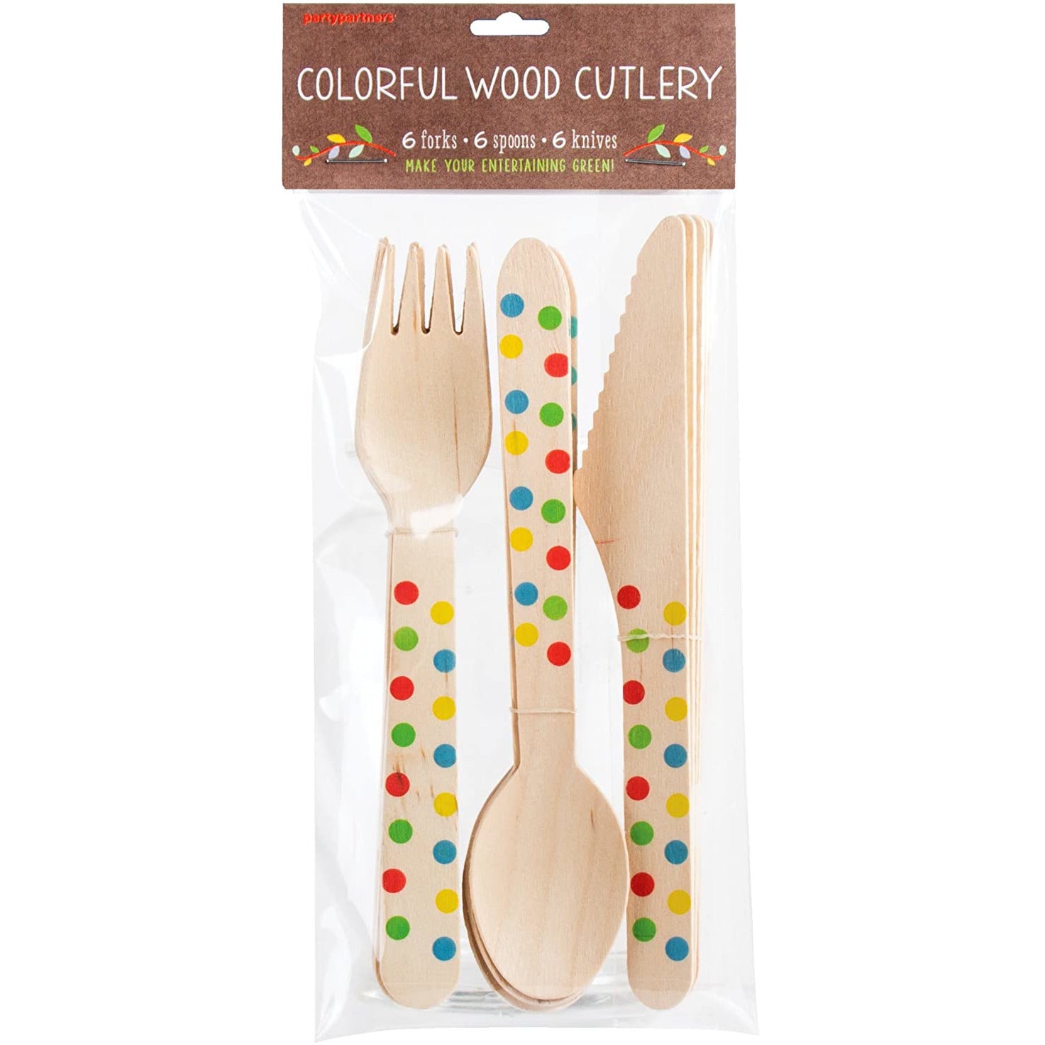 18 Piece Disposable Colorful Wood Cutlery Set w/ Color Dots