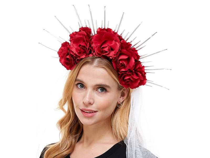 Headband-Day of the dead redsilk flower with veil