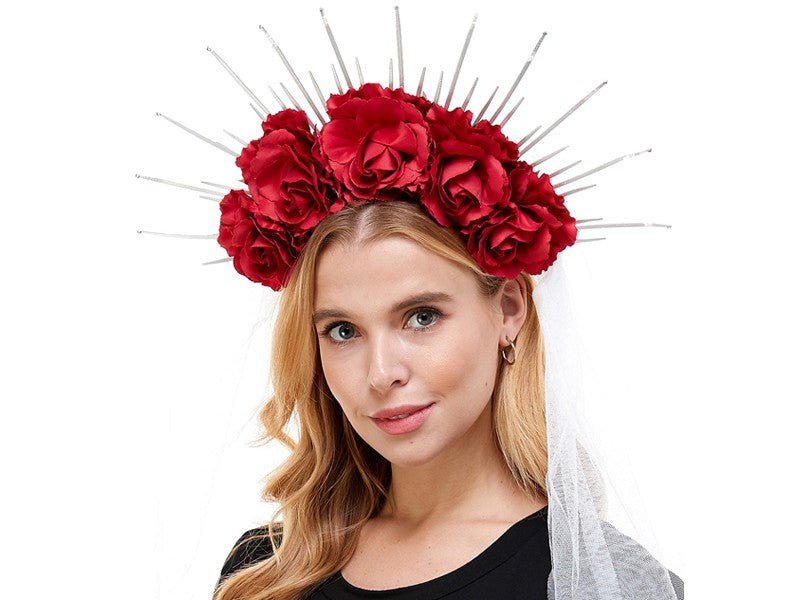 Headband-Day of the dead redsilk flower with veil