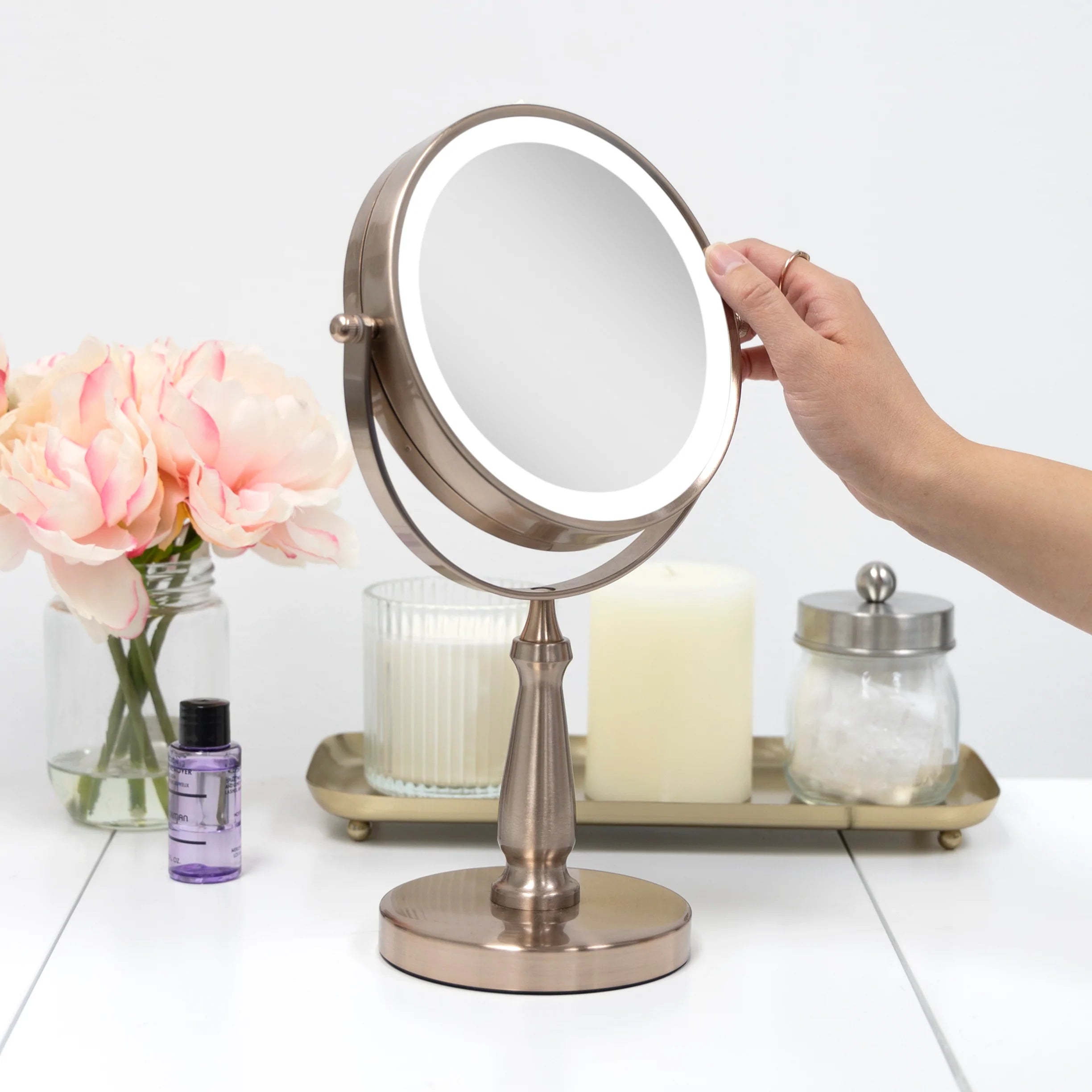 LED 1X/8X Vanity Mirror in Satin Nickel