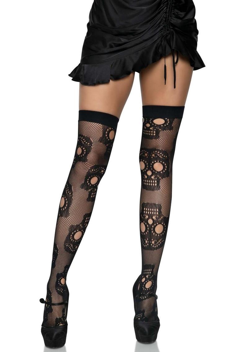 Sugar Skull Net Thigh Highs Black