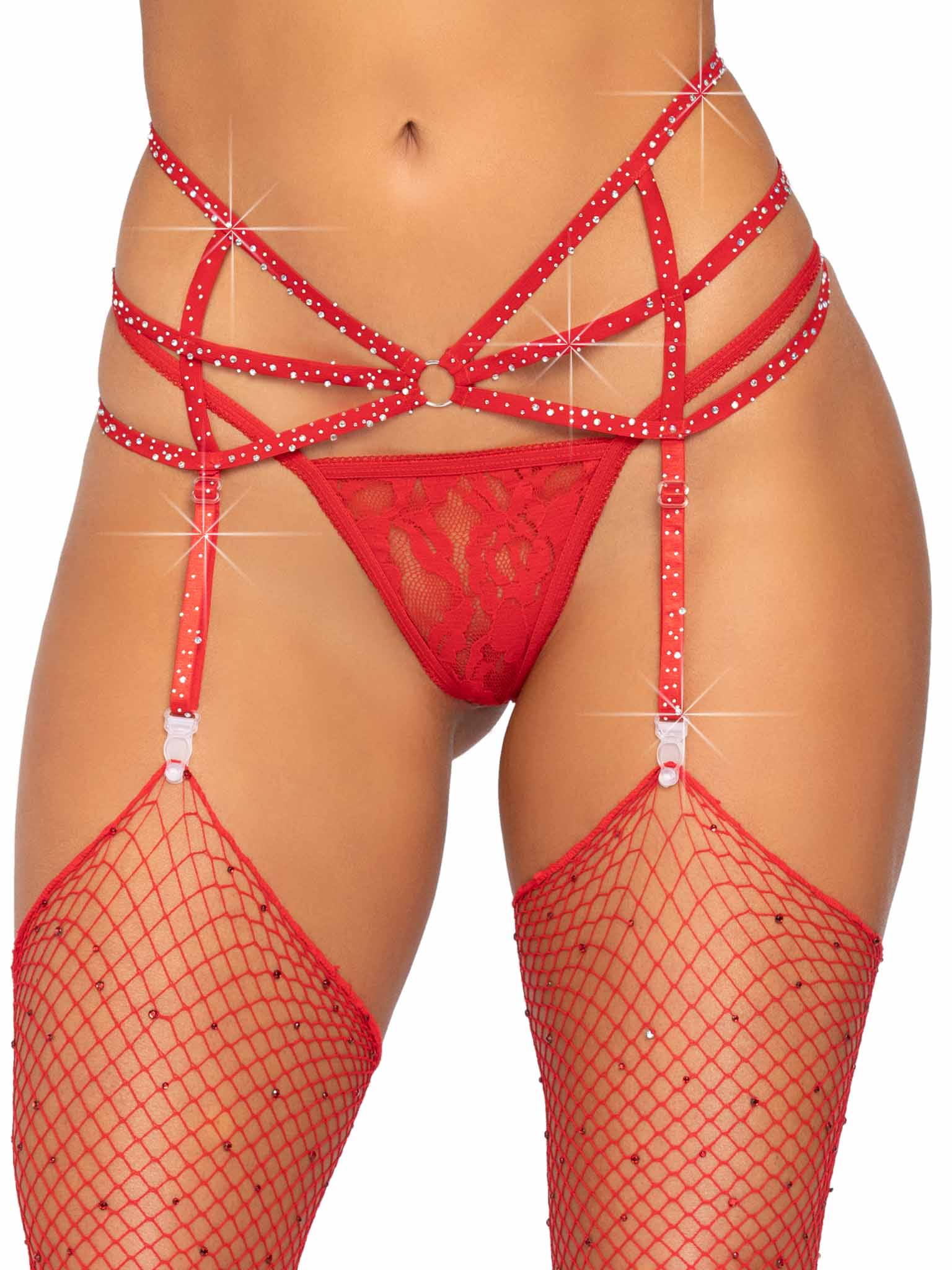 Strappy Elastic Rhinestone Garter Red