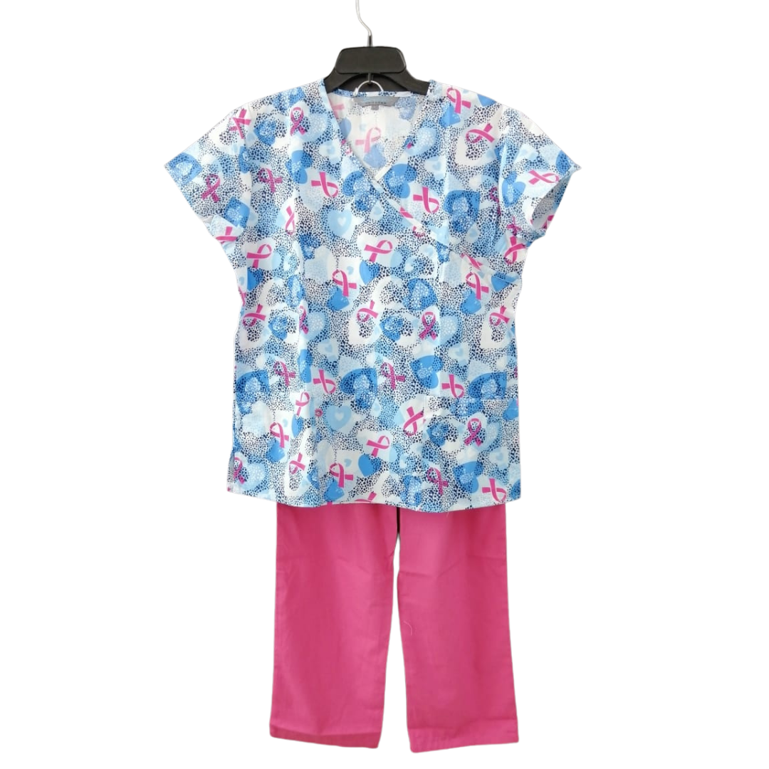 UNIFORME CON PUNTOS AZULES Y CINTAS ROSADAS