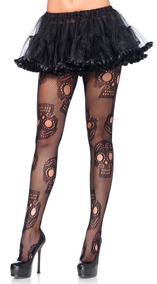 Sugar Skull net pantyhose One Size Black
