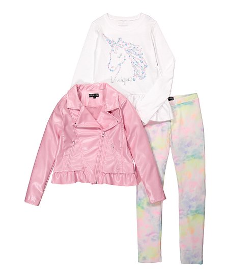 Pink Ruffle-Trim Faux Leather Jacket Set 3- Girls