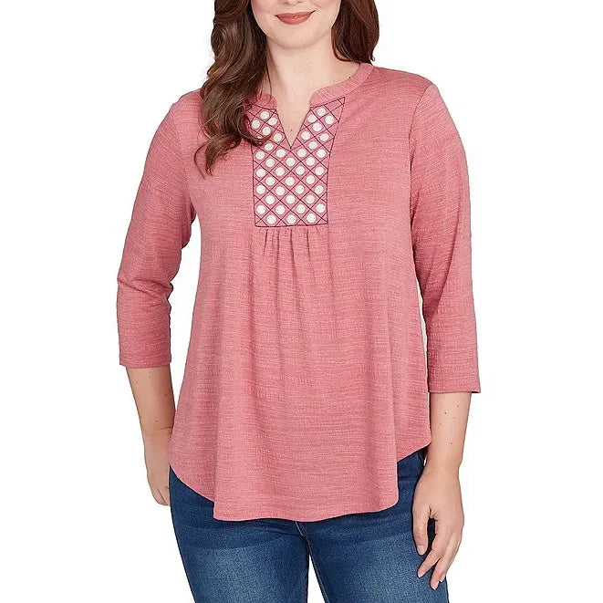 Textured Knit Split V-Neck 3/4 Sleeve Top Sangria - Ruby Rd