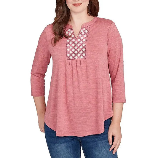 Textured Knit Split V-Neck 3/4 Sleeve Top Sangria - Ruby Rd