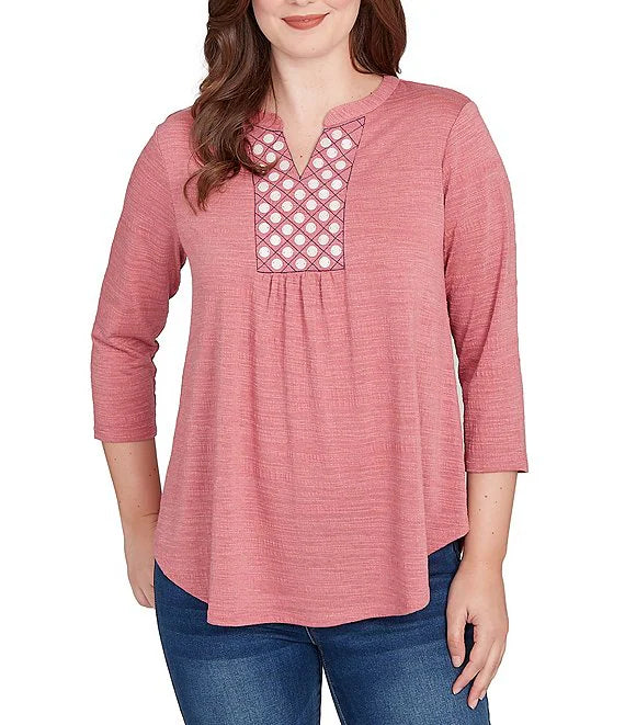 Textured Knit Split V-Neck 3/4 Sleeve Top Sangria - Ruby Rd