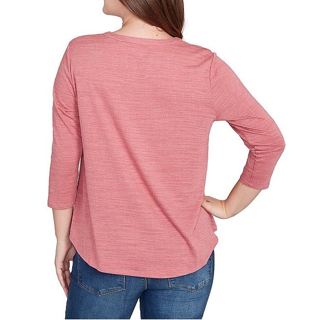 Textured Knit Split V-Neck 3/4 Sleeve Top Sangria - Ruby Rd