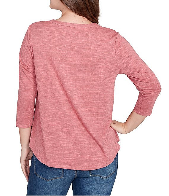 Textured Knit Split V-Neck 3/4 Sleeve Top Sangria - Ruby Rd