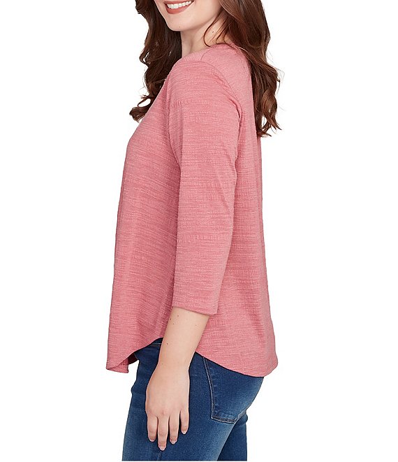 Textured Knit Split V-Neck 3/4 Sleeve Top Sangria - Ruby Rd