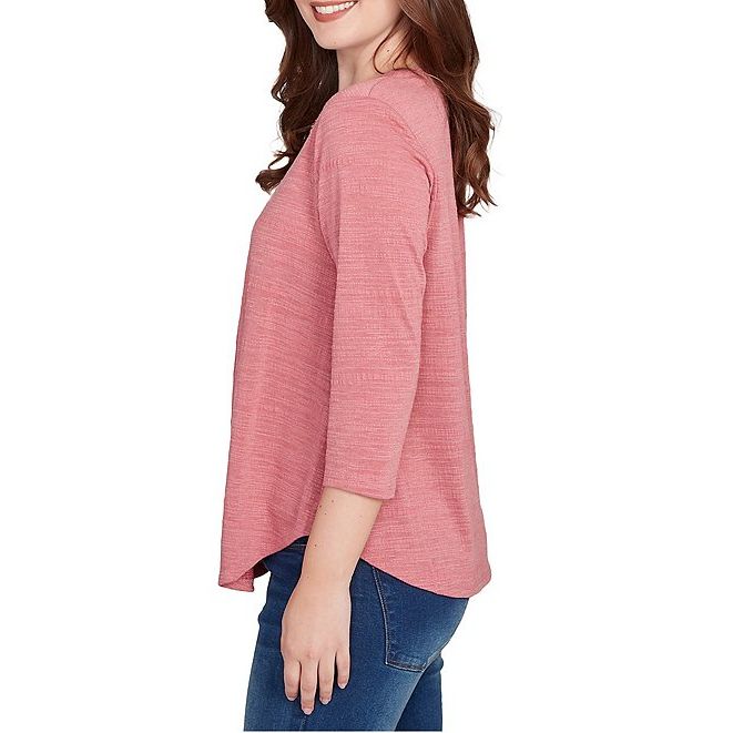 Textured Knit Split V-Neck 3/4 Sleeve Top Sangria - Ruby Rd