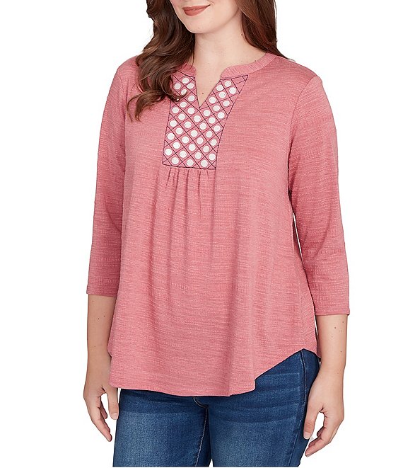 Textured Knit Split V-Neck 3/4 Sleeve Top Sangria - Ruby Rd