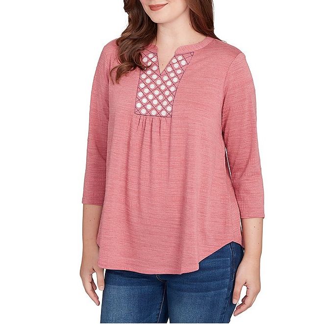 Textured Knit Split V-Neck 3/4 Sleeve Top Sangria - Ruby Rd