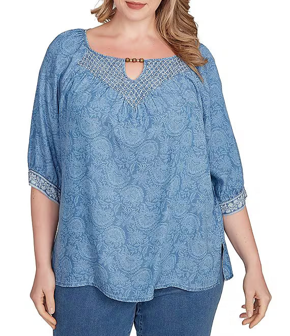 Plus Printed Keyhole Neck Elbow Tie Sleeve Top  - Ruby Rd