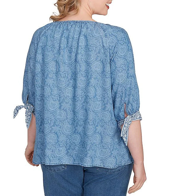 Plus Printed Keyhole Neck Elbow Tie Sleeve Top  - Ruby Rd