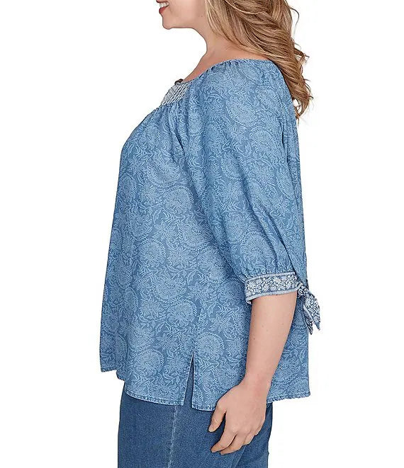 Plus Printed Keyhole Neck Elbow Tie Sleeve Top  - Ruby Rd