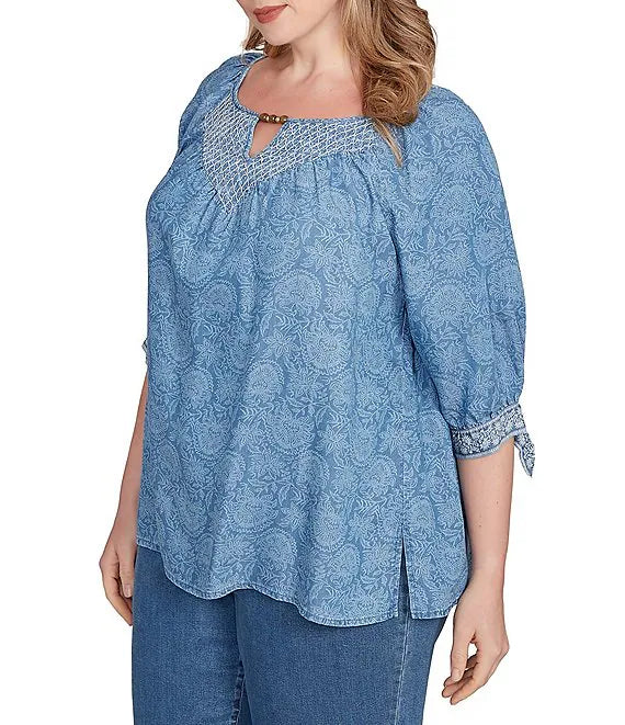 Plus Printed Keyhole Neck Elbow Tie Sleeve Top  - Ruby Rd