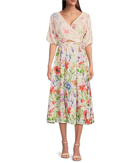 Floral Neckline Short Puff  Dress White Multi - Siena
