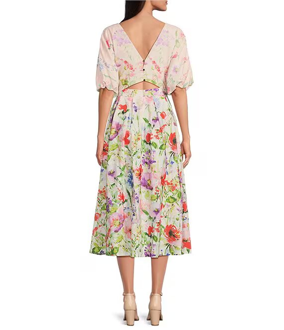 Floral Neckline Short Puff  Dress White Multi - Siena