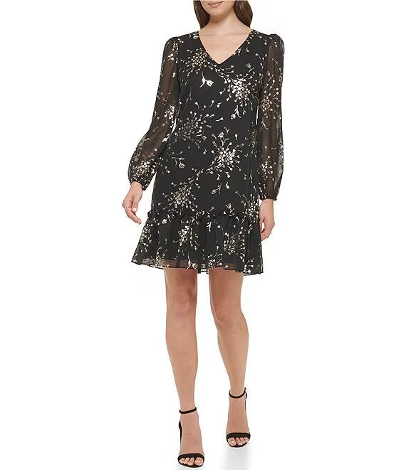 Long Sleeve Floral  Chiffon Tiered Flounce Hem Shift Dress Black/Gold - Kensie