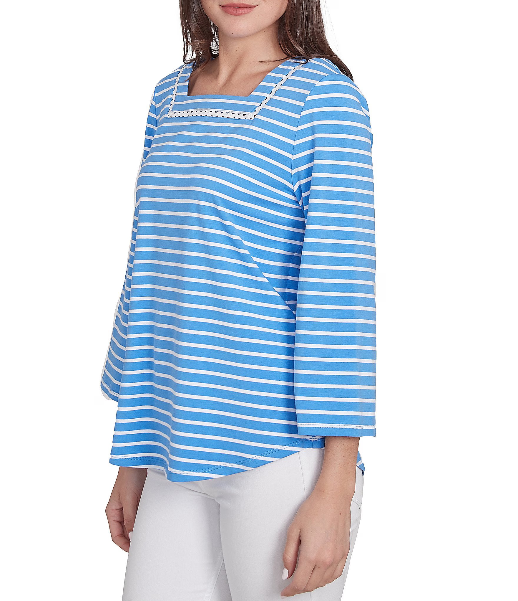 Knit Stripe Trim Square Neck 3/4 Bell Sleeve Top in Chattanooga Bluebird Multi  - Ruby Rd
