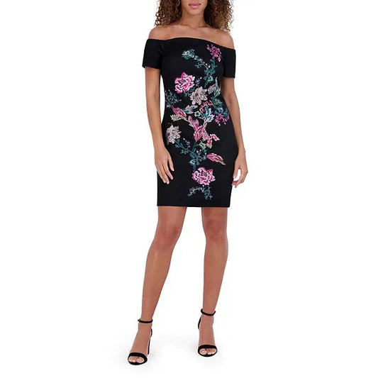 Off-The-Shoulder Floral Embroidered Mesh Sheath Dress Black Multi  - Siena