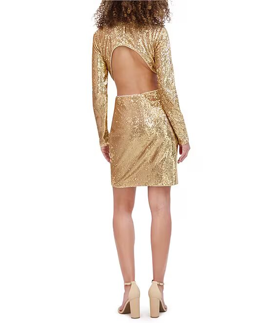 Long Sleeve Floral Applique Crew Neck Cut-Out Sequin Knit Dress Gold - Kensie
