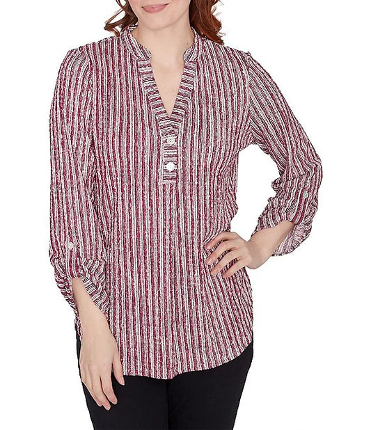 Crinkle Knit Band Split V-Neck Roll-Tab Bordeaux Multi   - Ruby Rd