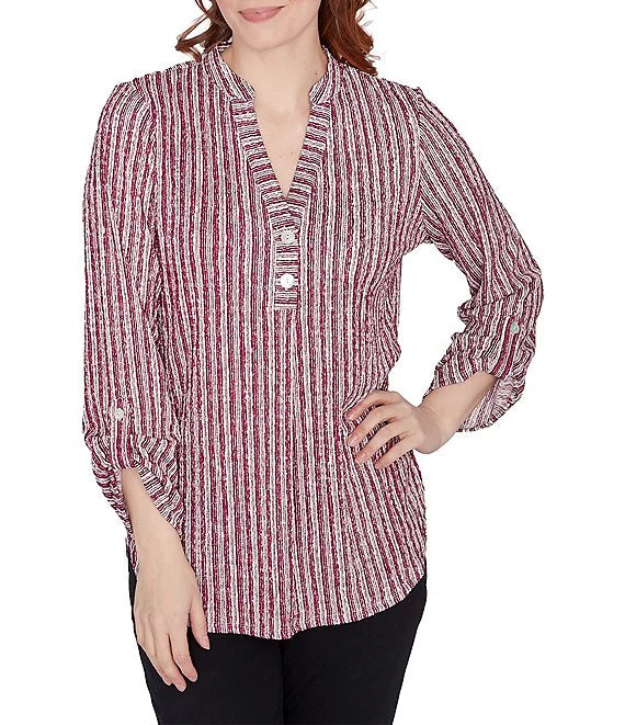 Crinkle Knit Band Split V-Neck Roll-Tab Bordeaux Multi   - Ruby Rd