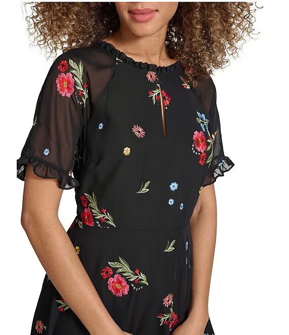 Floral Embroidered Round Keyhole Dress Black Multi- Kensie