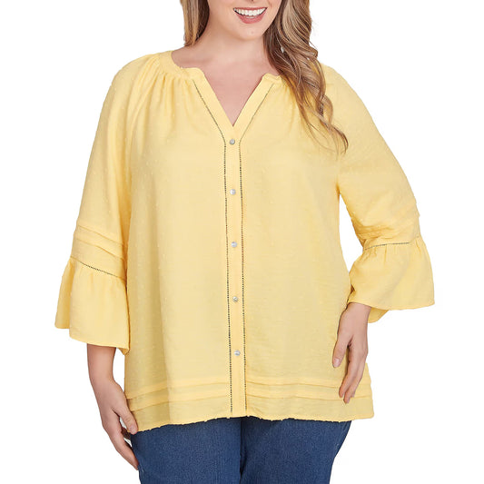 Embellished Trim Clip-Dot Mandarin Collar 3/4 Sleeve Button-Front Top Lemon    - Ruby Rd