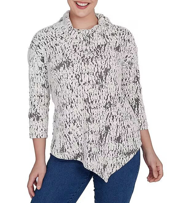 Split Cowl Chenille Jacquard Knit Top Ivory Black - Ruby Rd