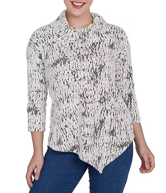 Split Cowl Chenille Jacquard Knit Top Ivory Black - Ruby Rd