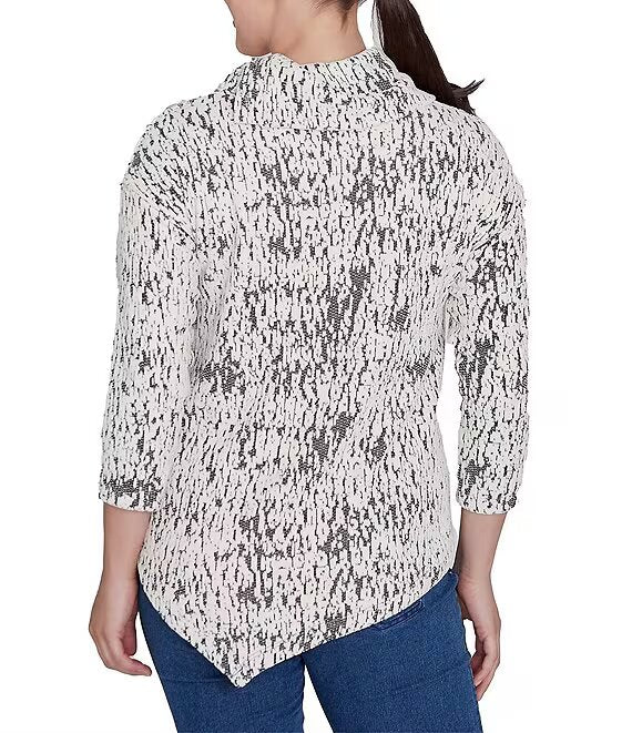 Split Cowl Chenille Jacquard Knit Top Ivory Black - Ruby Rd