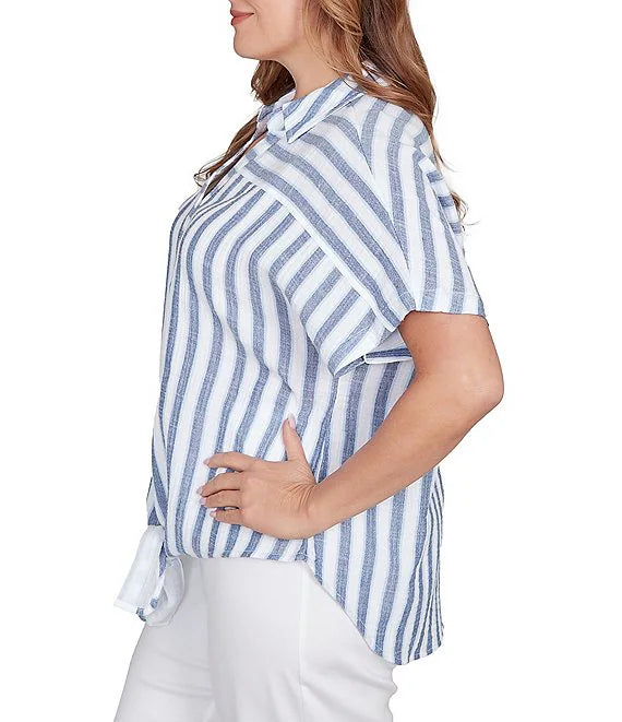 Plus Size V-Neck Short Sleeve Button Front Shirt Indigo Multi - Ruby Rd