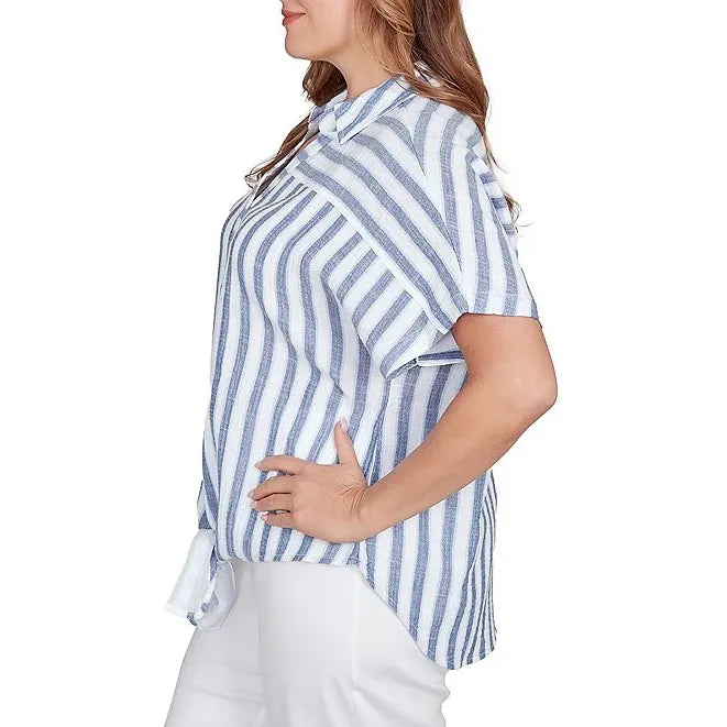 Plus Size V-Neck Short Sleeve Button Front Shirt Indigo Multi - Ruby Rd