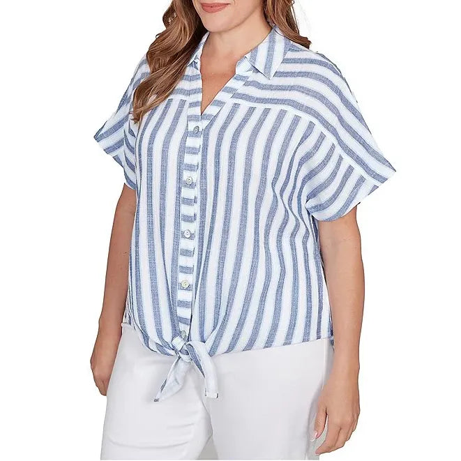 Plus Size V-Neck Short Sleeve Button Front Shirt Indigo Multi - Ruby Rd