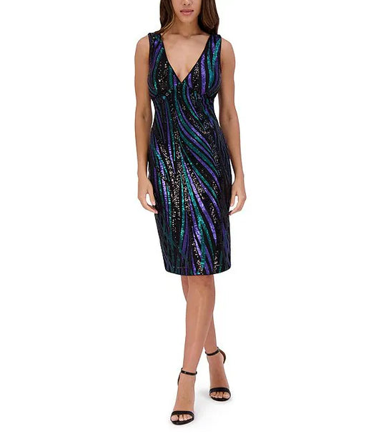 Multi Sequin Mesh V-Neck  Dress Black Multi  - Siena