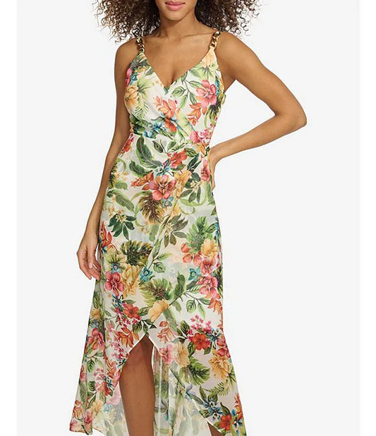 Dress Chiffon Floral Print V-Neck White Multi  - Siena