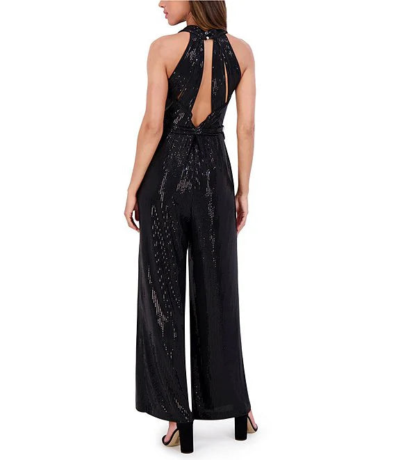 Sequin Knit Cowl Neck Sleeveless Wide Leg Jumpsuit Black - Kensie