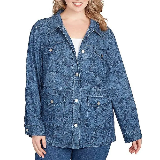 Plus Size Paisley Point Collar Long Sleeve Button Front Denim Jacket - Ruby Rd