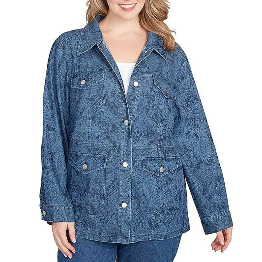 Plus Size Paisley Point Collar Long Sleeve Button Front Denim Jacket - Ruby Rd