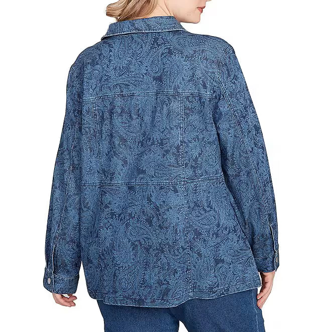 Plus Size Paisley Point Collar Long Sleeve Button Front Denim Jacket - Ruby Rd