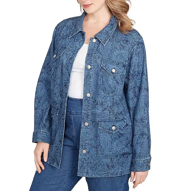 Plus Size Paisley Point Collar Long Sleeve Button Front Denim Jacket - Ruby Rd