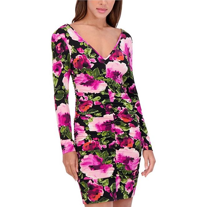 Jersey Knit Floral Print V-Neck Long Sleeve Front Ruched Sheath Dress Black Multi  - Siena