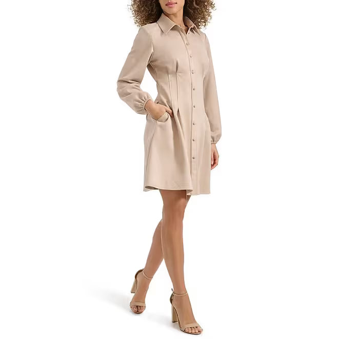 Faux Suede Collar Neck Long Sleeve Button Front Pleated Mini Dress Sand - Kensie