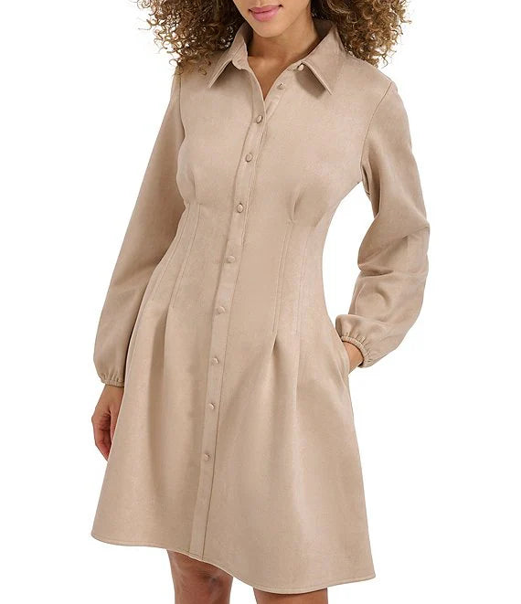 Faux Suede Collar Neck Long Sleeve Button Front Pleated Mini Dress Sand - Kensie