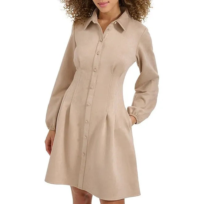 Faux Suede Collar Neck Long Sleeve Button Front Pleated Mini Dress Sand - Kensie