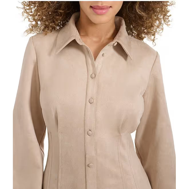 Faux Suede Collar Neck Long Sleeve Button Front Pleated Mini Dress Sand - Kensie